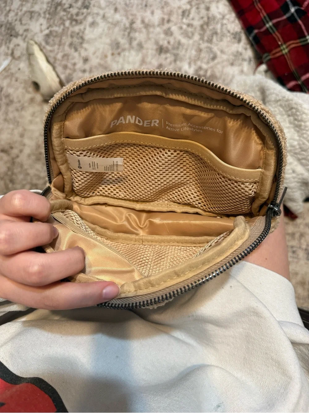 Beige Sherpa Belt Bag Pouch with Zipper